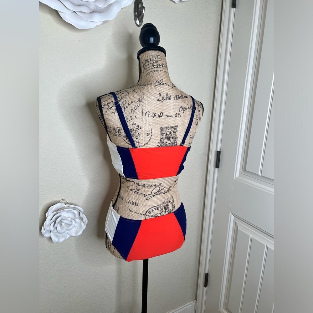 Cupshe Colorblock Bikini Set Orange Blue White Mid Rise Swim Size M - Picture 13 of 16